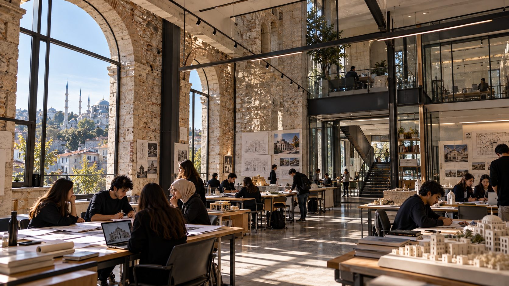 Müdrik School of Architecture: a historic stone building opened by a glass atrium in Istanbul