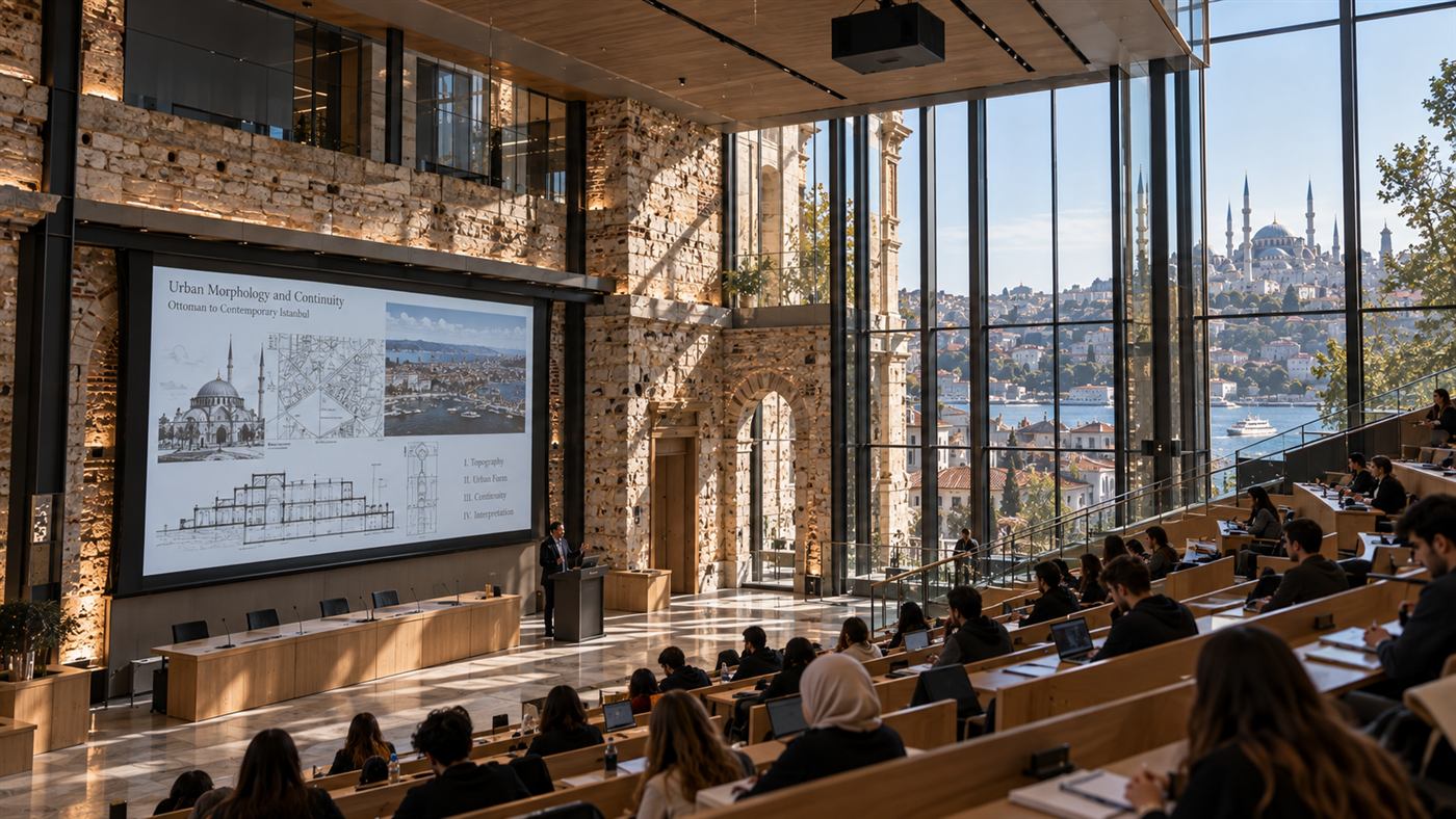 Müdrik School of Architecture: a historic stone building opened by a glass atrium in Istanbul