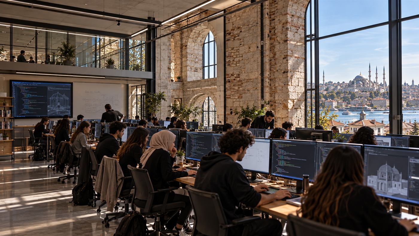 Müdrik School of Architecture: a historic stone building opened by a glass atrium in Istanbul