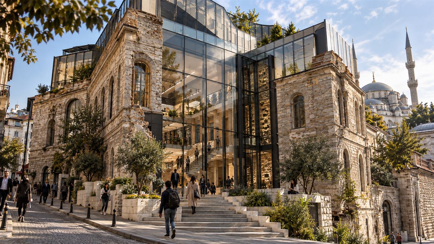 Müdrik School of Architecture: a historic stone building opened by a glass atrium in Istanbul