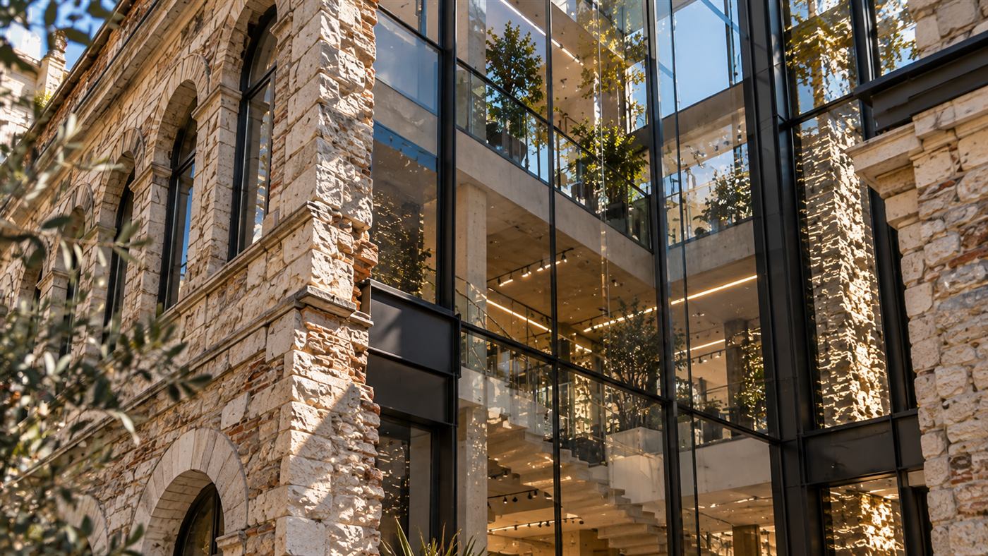 Müdrik School of Architecture: a historic stone building opened by a glass atrium in Istanbul