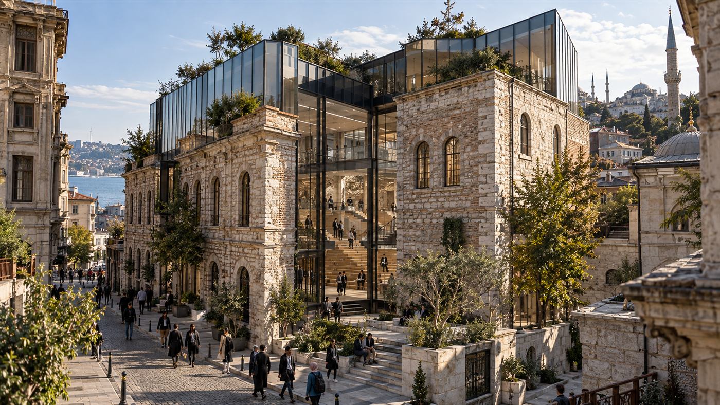 Müdrik School of Architecture: a historic stone building opened by a glass atrium in Istanbul