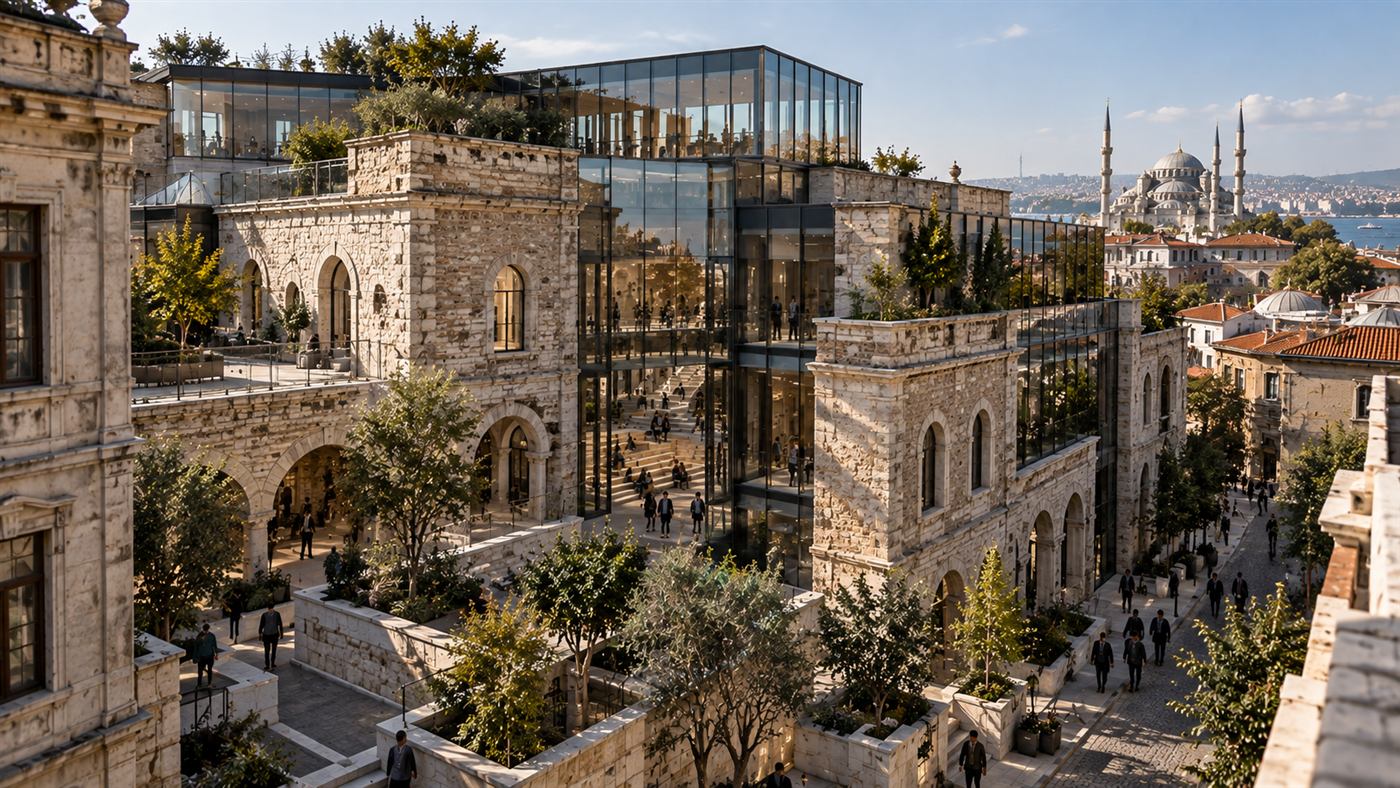 Müdrik School of Architecture: a historic stone building opened by a glass atrium in Istanbul