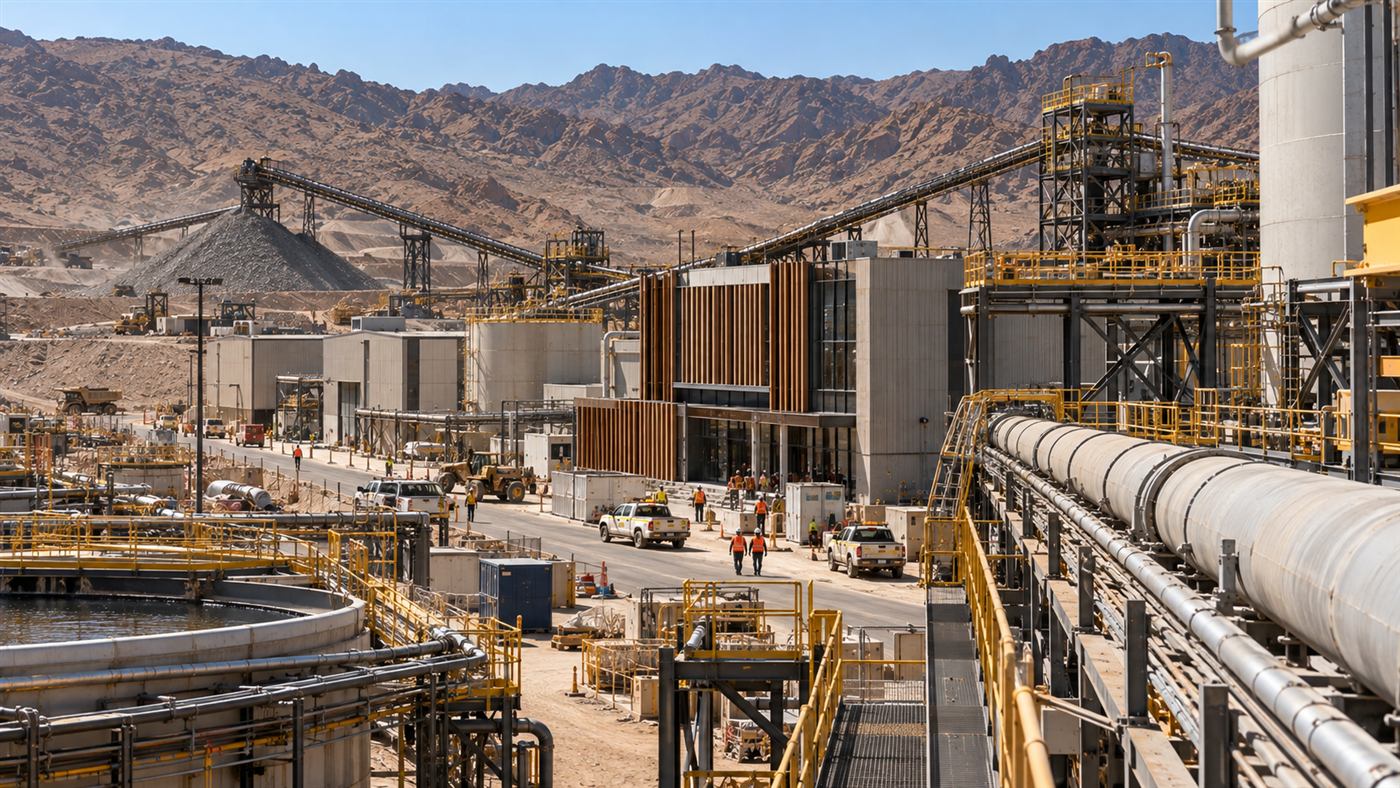 NEBU: pipes, clarifier and conveyors across the process area