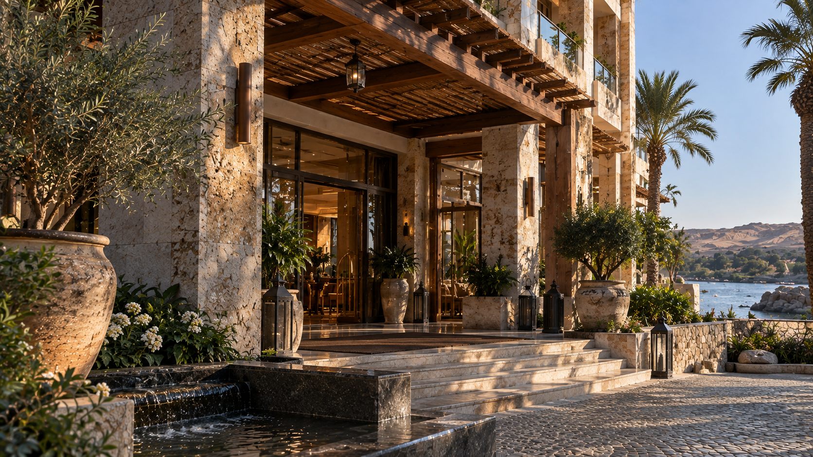 Nile View Hotel: stone terraces stepping down to the river at Aswan