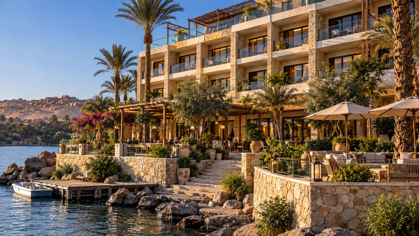 Nile View Hotel: stone terraces stepping down to the river at Aswan