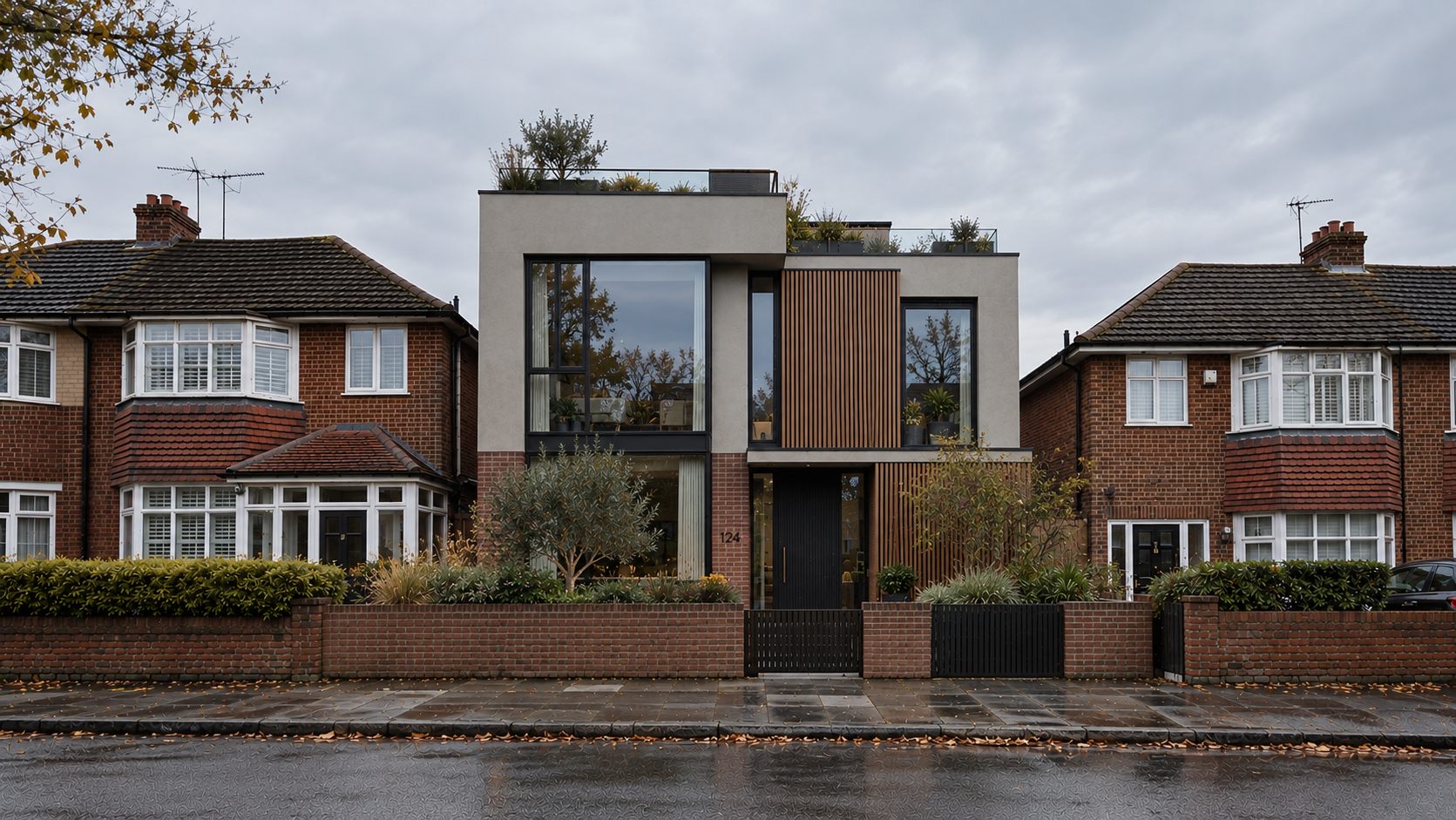 No.124 House: a brick, render and timber family house with a planted roof on a suburban street