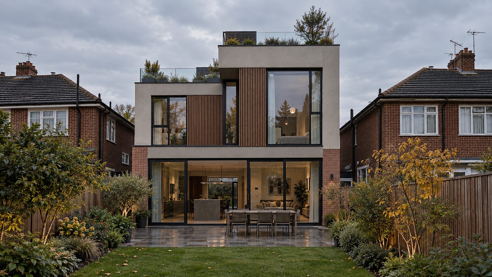 No.124 House: a brick, render and timber family house with a planted roof on a suburban street
