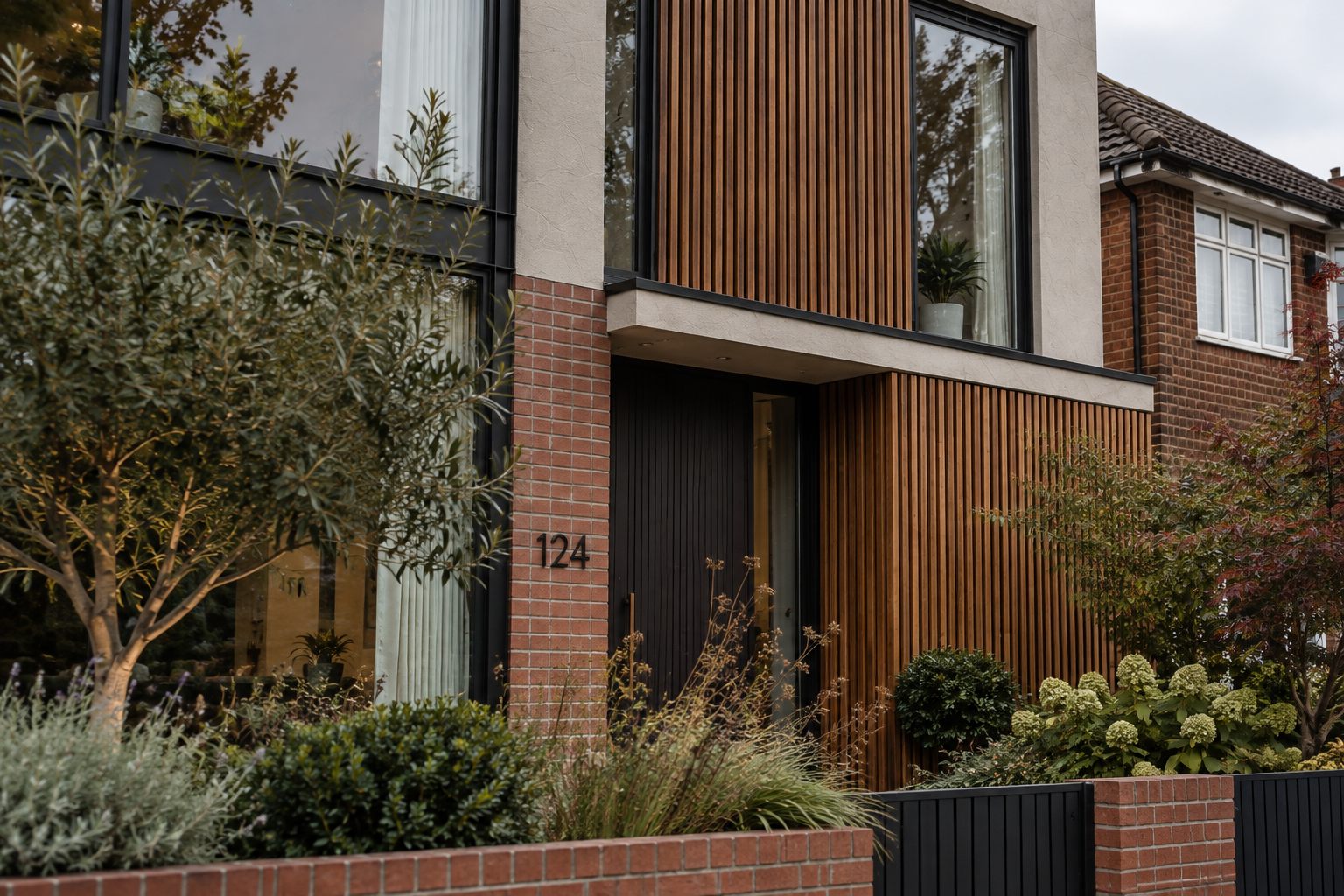 No.124 House: a brick, render and timber family house with a planted roof on a suburban street