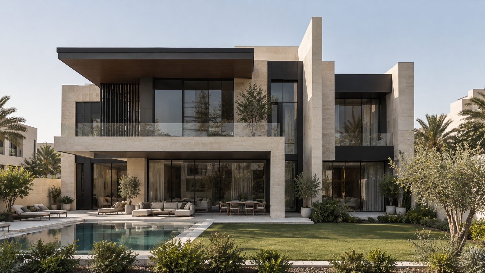 No.27 Private Villa: a limestone and bronze villa with a pool and garden in the UAE