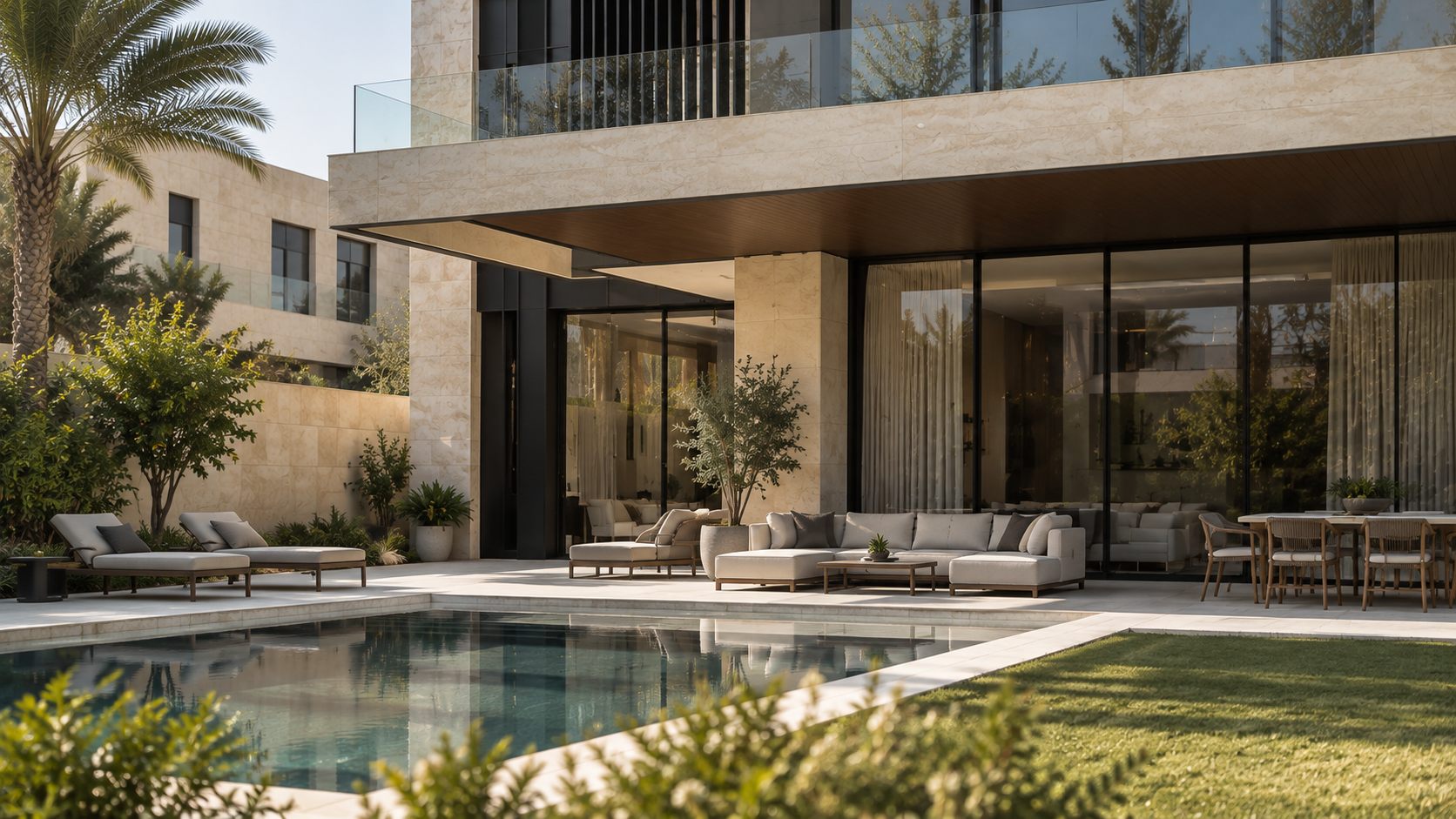 No.27 Private Villa: a limestone and bronze villa with a pool and garden in the UAE
