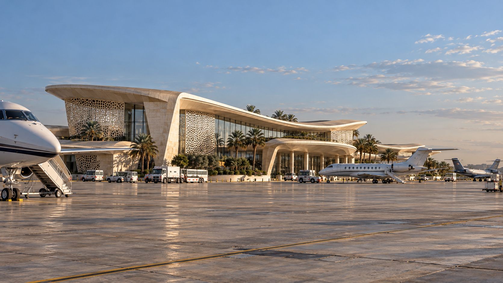 Nouzha Executive Airport: a sweeping stone terminal beside private jets in Alexandria