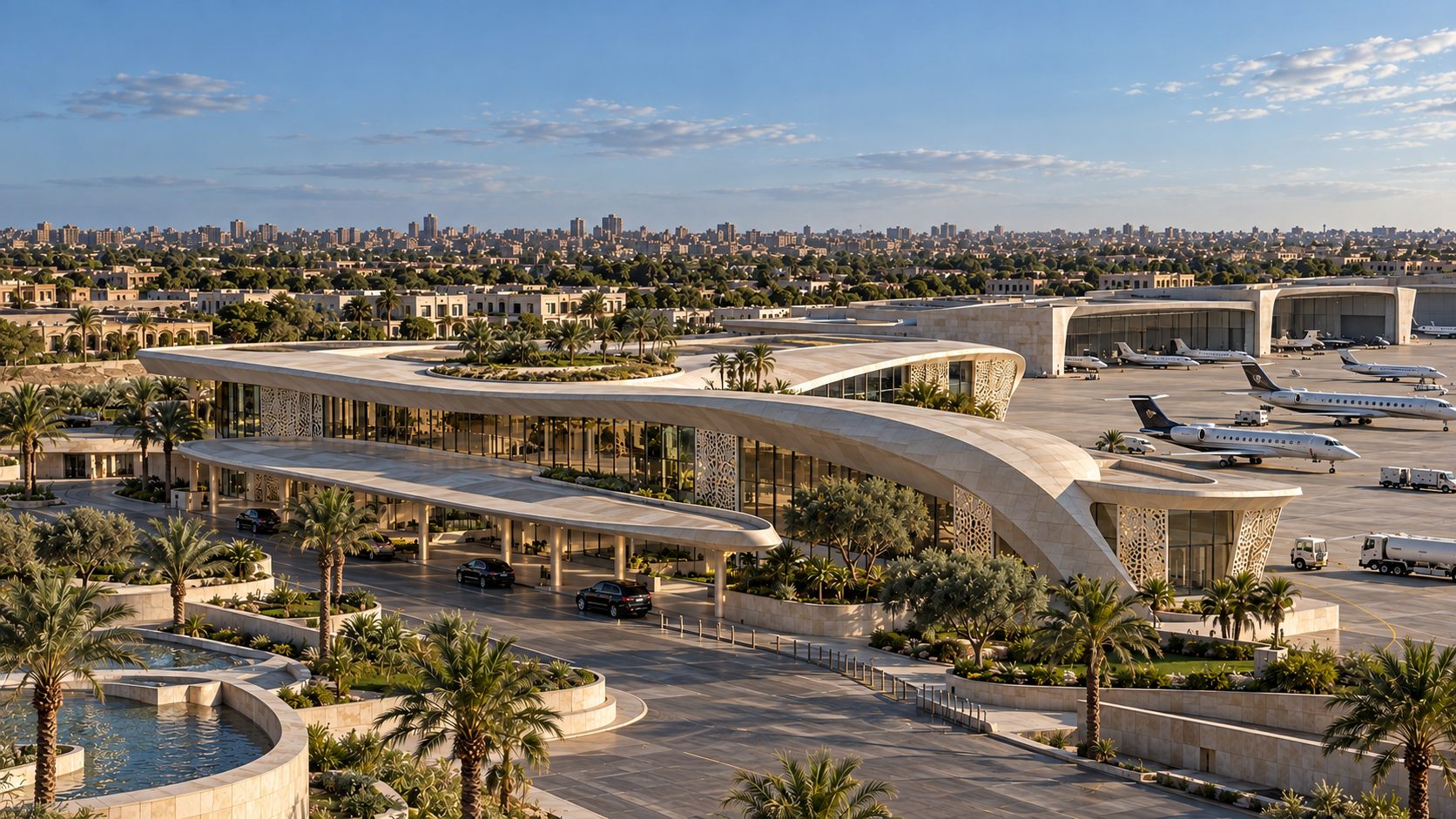 Nouzha Executive Airport: a sweeping stone terminal beside private jets in Alexandria
