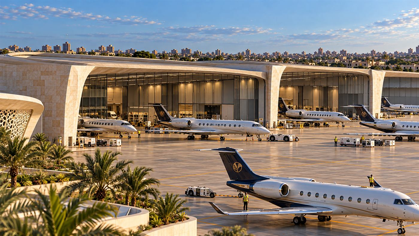 Nouzha: the hangar and apron with private jets