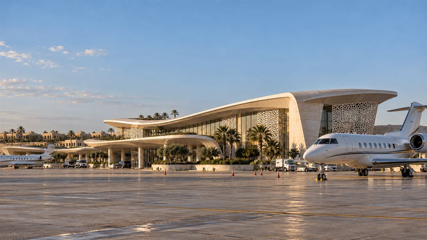 Nouzha: the terminal and apron at sunset
