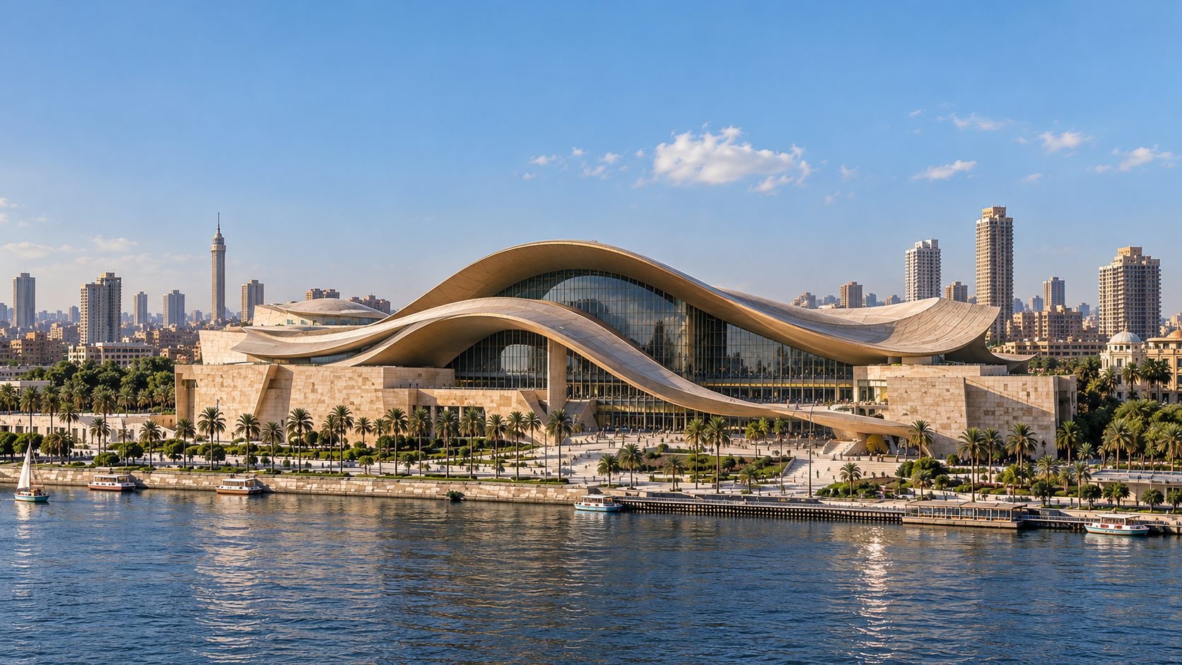 Opera House of the Nile: a wave-shaped travertine roof over glass on the bank of the Nile in Cairo