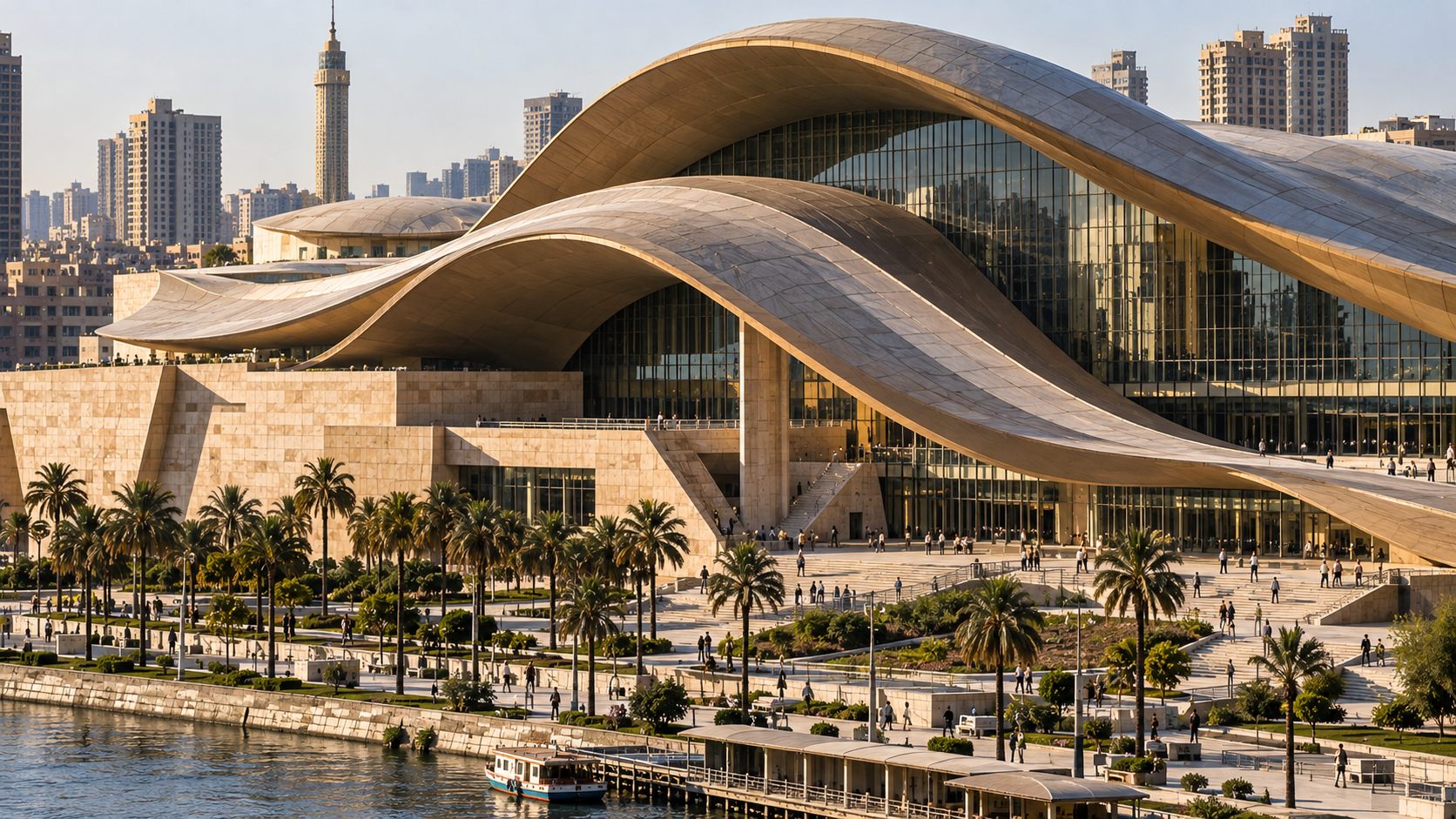 Opera House of the Nile: a wave-shaped travertine roof over glass on the bank of the Nile in Cairo
