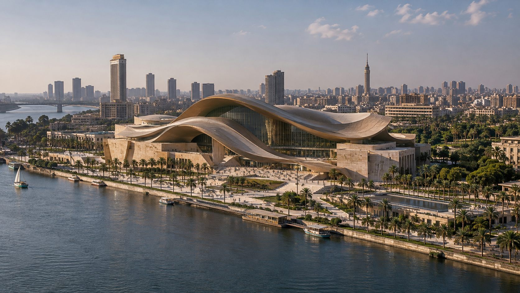Opera House of the Nile: a wave-shaped travertine roof over glass on the bank of the Nile in Cairo