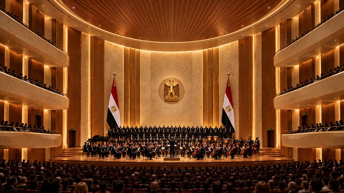 Opera House of the Nile: a wave-shaped travertine roof over glass on the bank of the Nile in Cairo