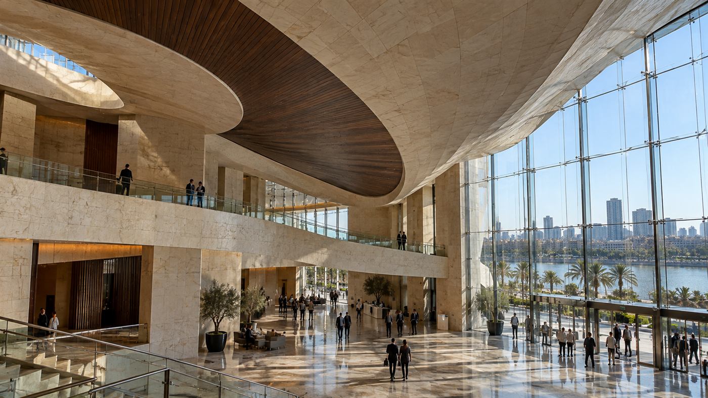 Opera House of the Nile: the foyer under the timber-lined roof, looking across the river
