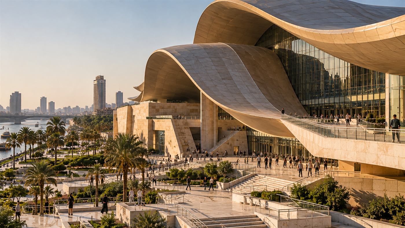 Opera House of the Nile: the stepped terraces and plaza at the foot of the building