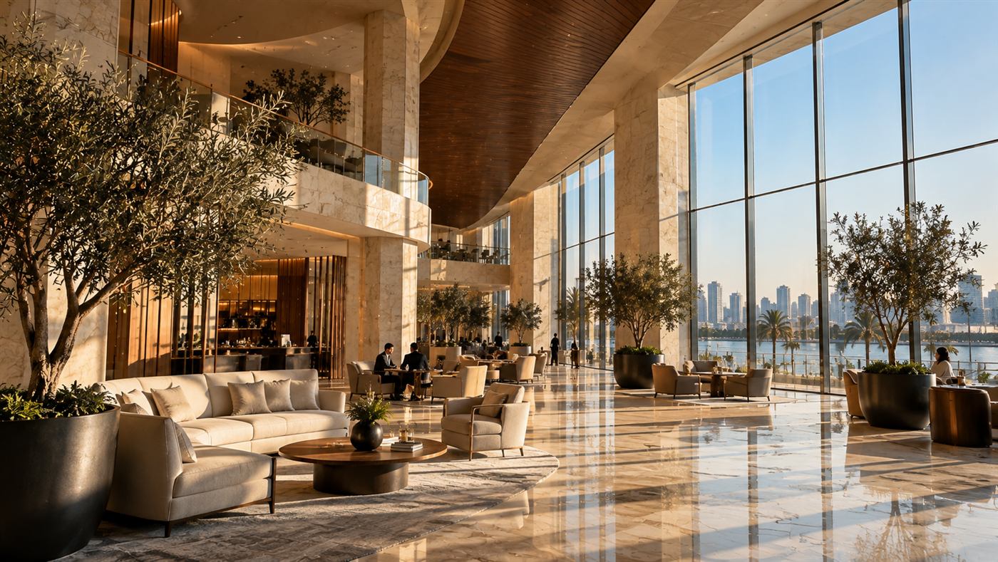 Opera House of the Nile: a ground-floor lobby of lounges and olive trees facing the river