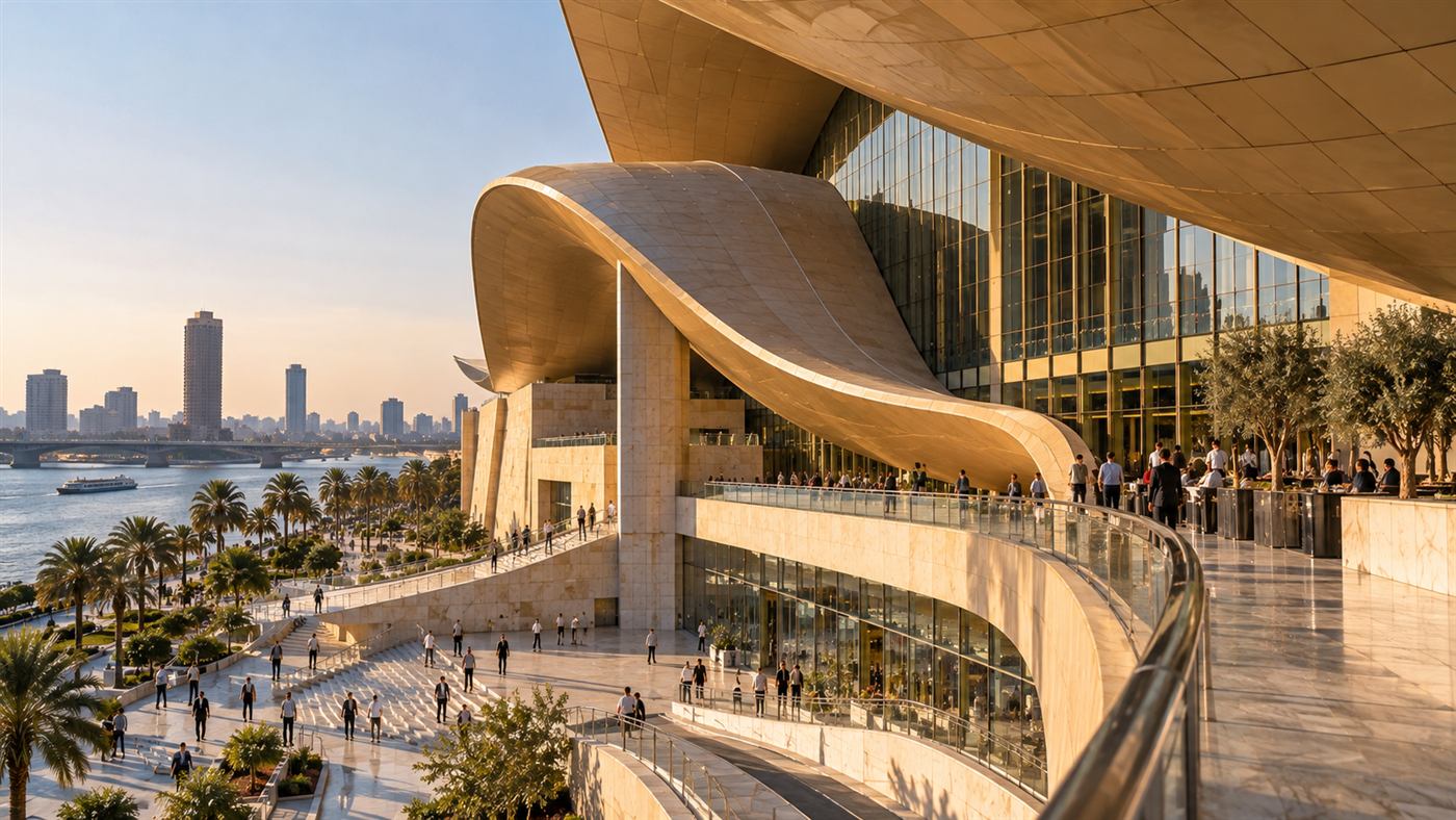 Opera House of the Nile: the curved balcony and ramp under the roof