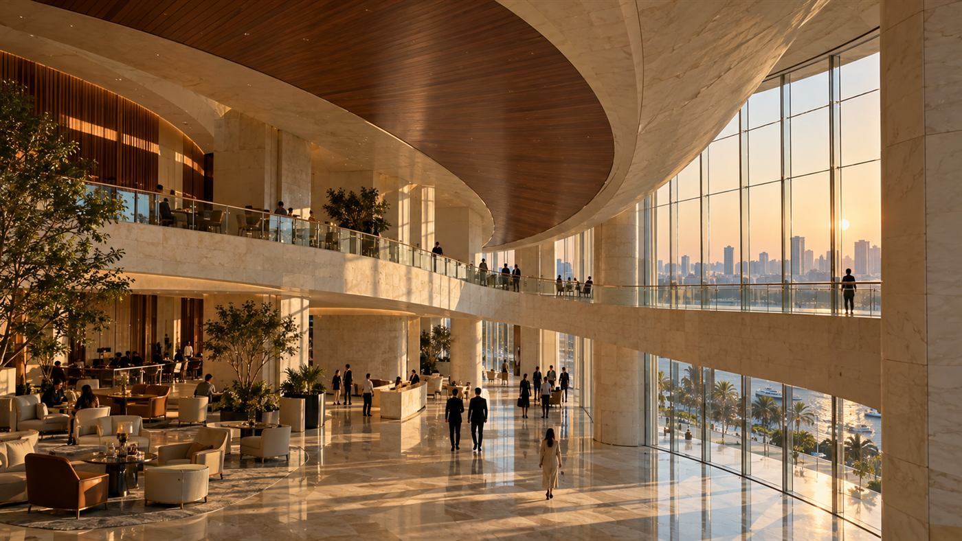 Opera House of the Nile: the upper foyer with lounges and the river beyond
