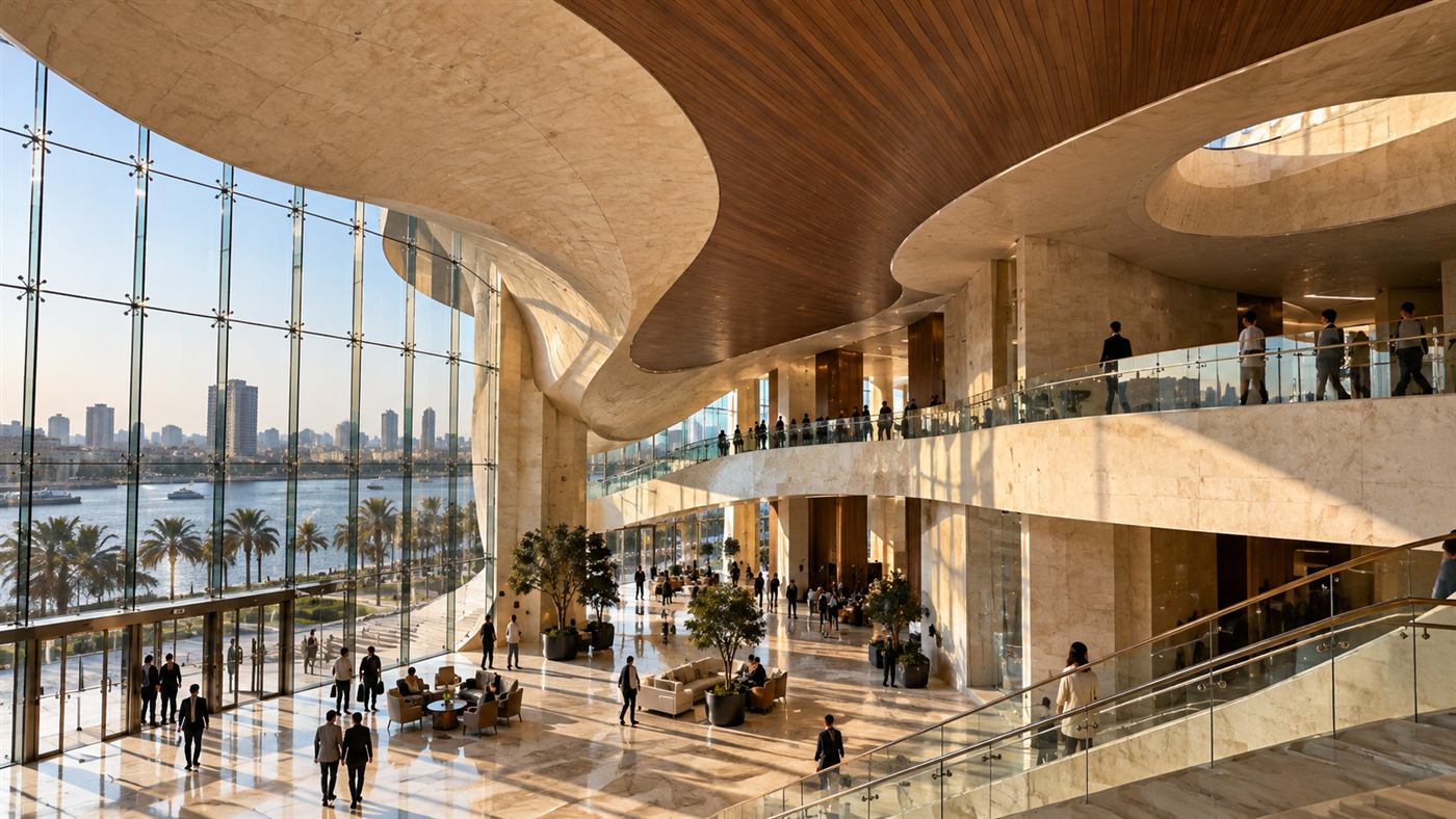 Opera House of the Nile: the glazed river front of the foyer