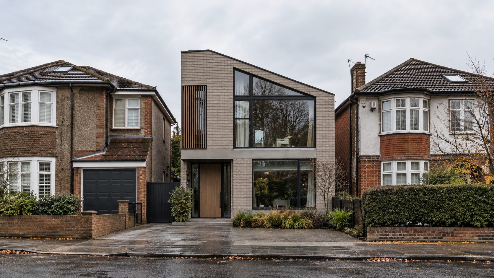 Private Home: a pale brick house with an angled glazed gable on a suburban street
