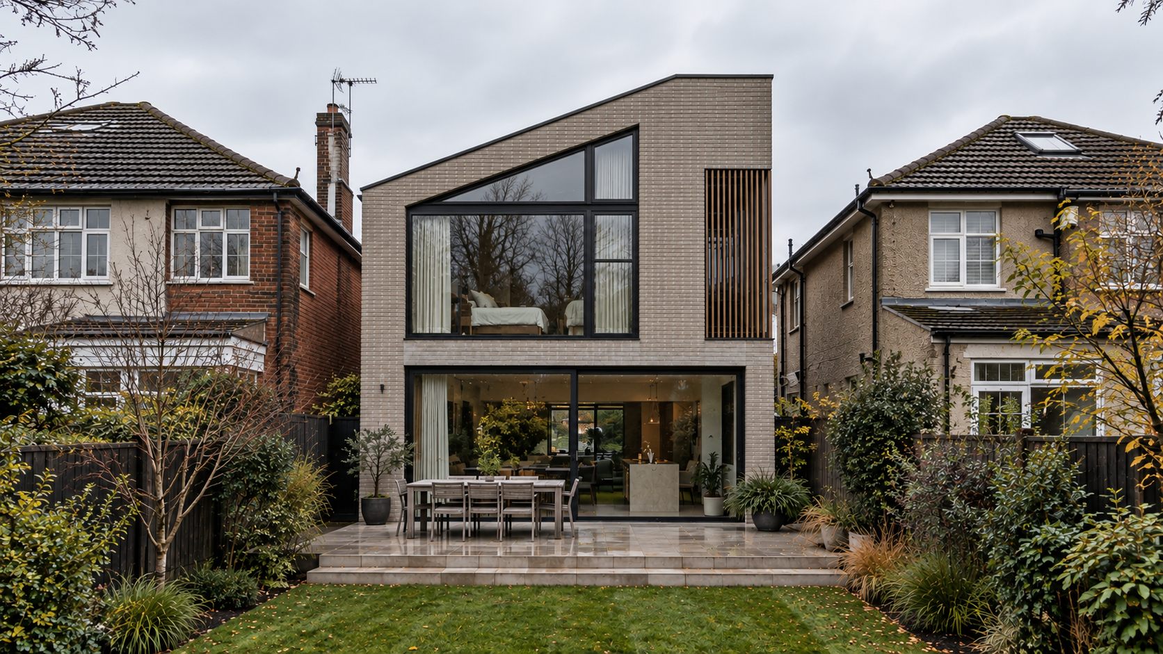 Private Home: a pale brick house with an angled glazed gable on a suburban street