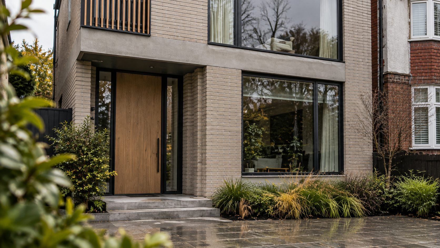 Private Home: a pale brick house with an angled glazed gable on a suburban street