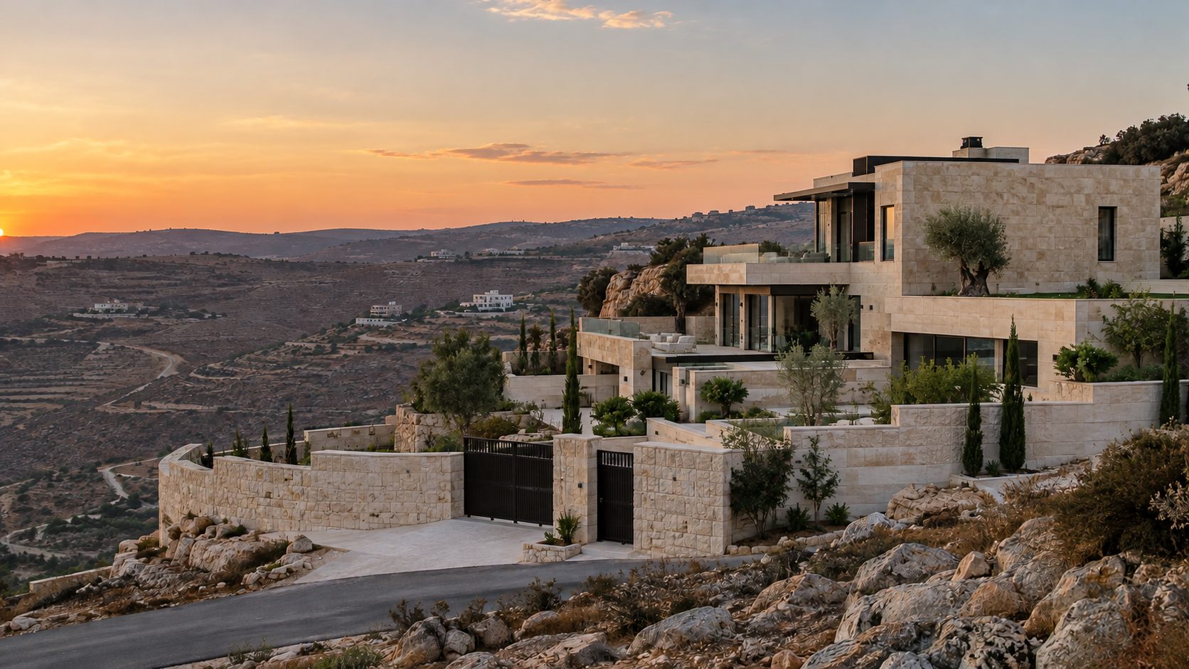 Private Home: a stepped limestone house on a hillside in Amman