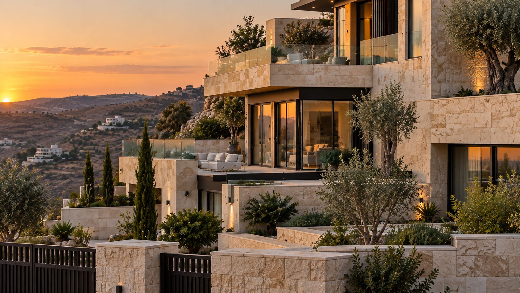 Private Home: a stepped limestone house on a hillside in Amman