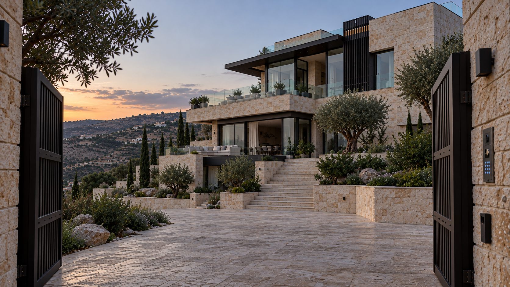 Private Home: a stepped limestone house on a hillside in Amman