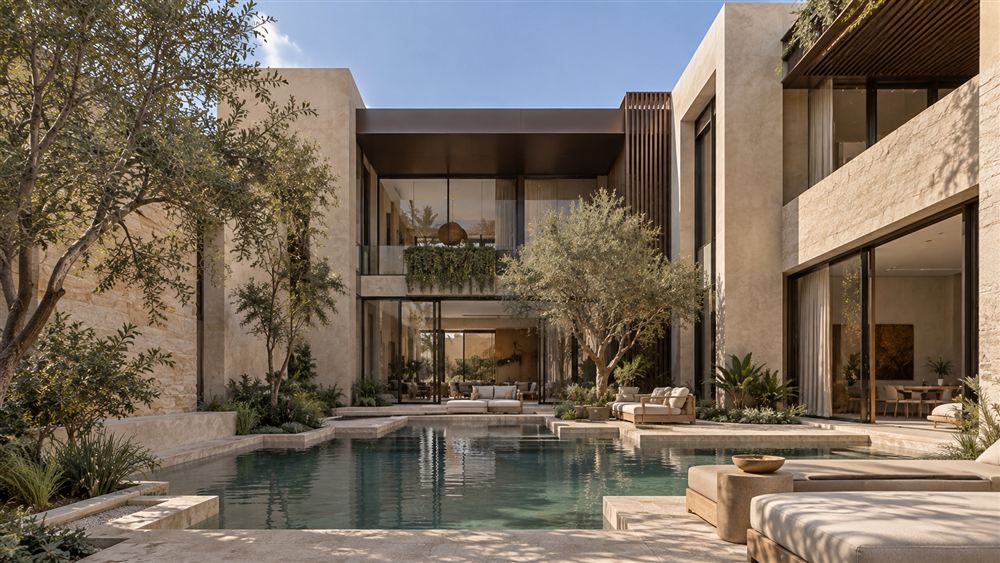 Private Villa: a sandstone villa with a courtyard pool and bronze roof in Saudi Arabia