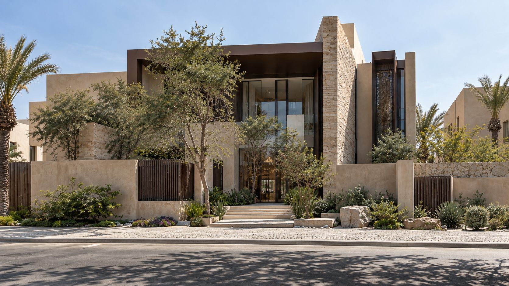 Private Villa: a sandstone villa with a courtyard pool and bronze roof in Saudi Arabia