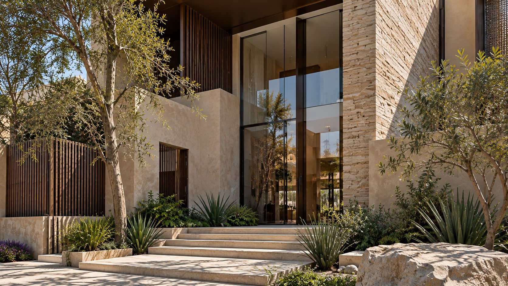 Private Villa: a sandstone villa with a courtyard pool and bronze roof in Saudi Arabia