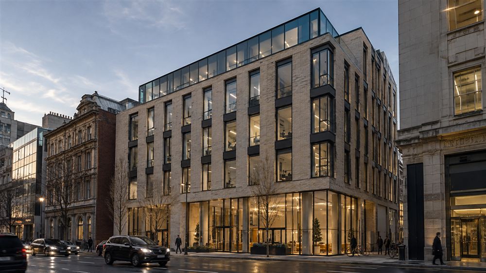 Seven: a stone-framed building with a glazed, active ground floor in Manchester