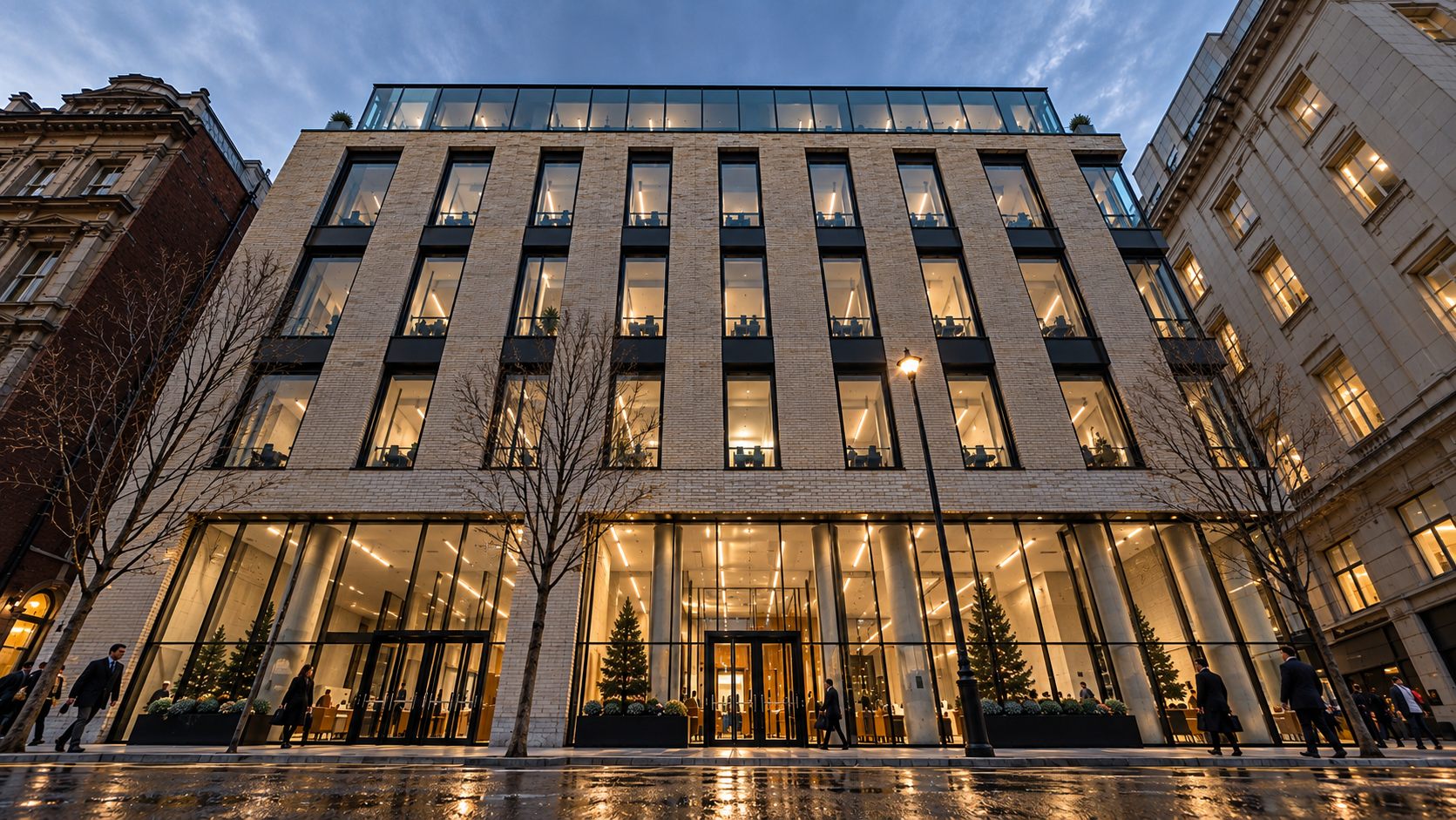Seven: a stone-framed building with a glazed, active ground floor in Manchester