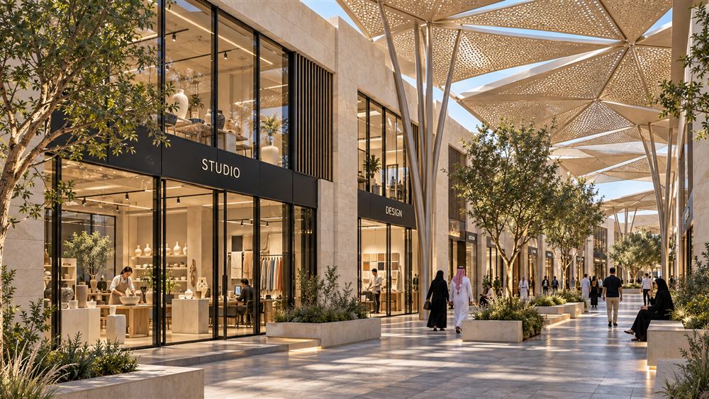 Souk Al Noor: shaded shopping lanes under perforated metal canopies and olive trees in Riyadh