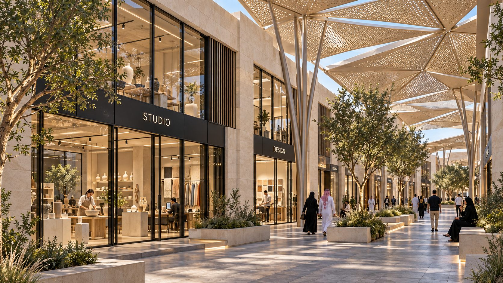 Souk Al Noor: shaded shopping lanes under perforated metal canopies and olive trees in Riyadh