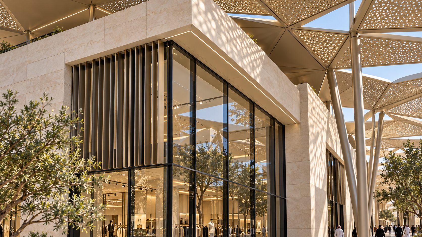 Souk Al Noor: shaded shopping lanes under perforated metal canopies and olive trees in Riyadh