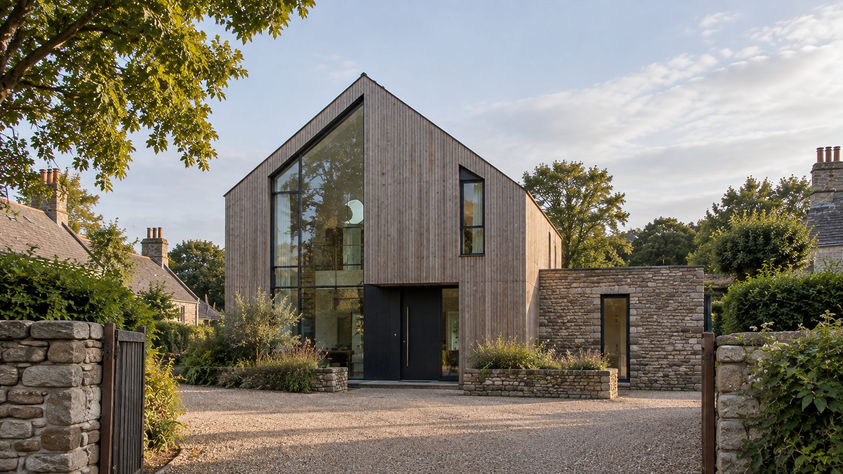 The Barn: a timber-clad gabled house with a tall glazed end beside a stone wall in an English village