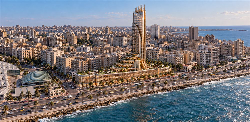 The Beacon: a slender tower rising from a landscaped podium on the Alexandria seafront