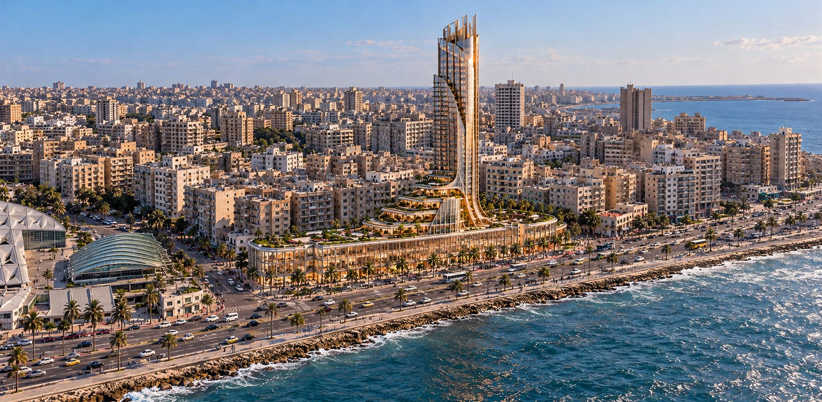 The Beacon: a slender tower rising from a landscaped podium on the Alexandria seafront