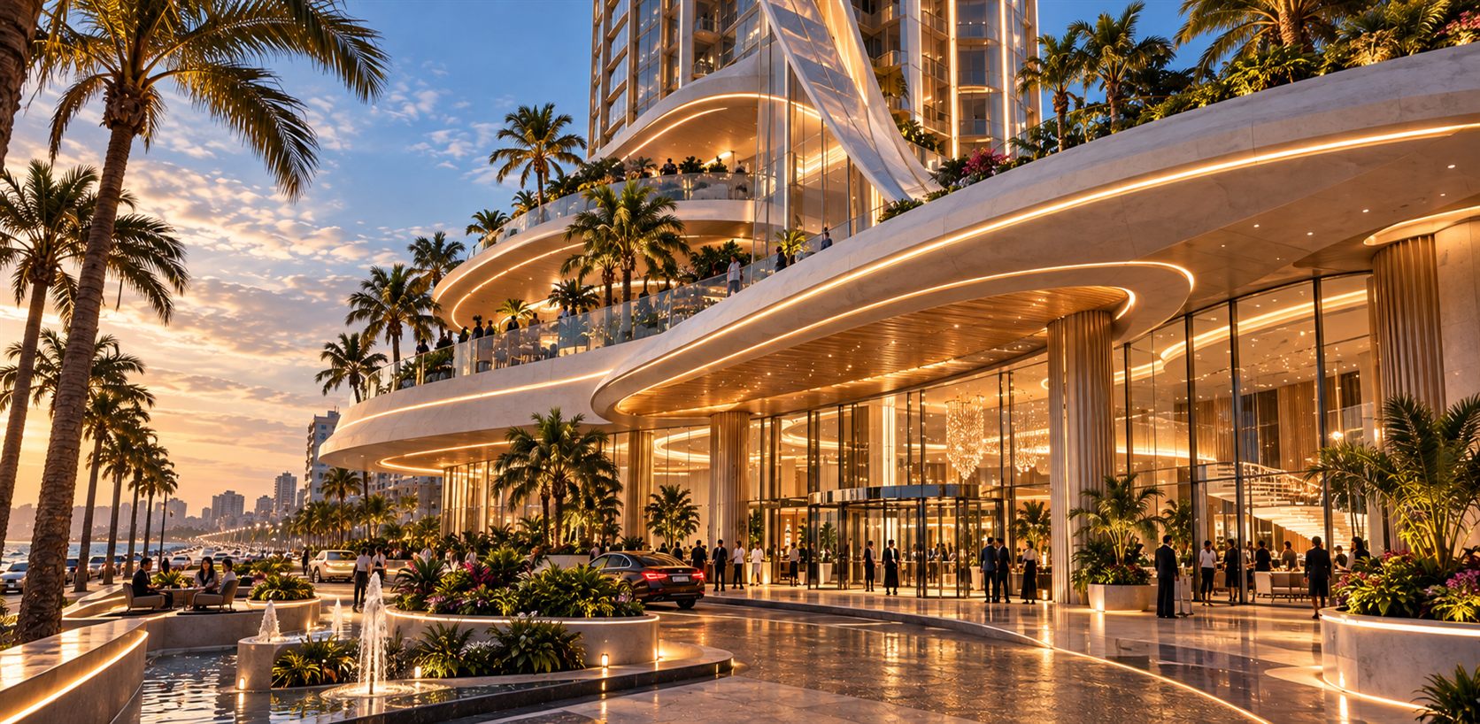 The Beacon: a slender tower rising from a landscaped podium on the Alexandria seafront