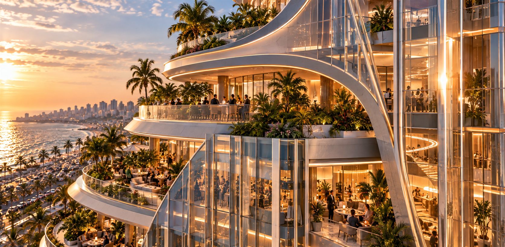 The Beacon: a slender tower rising from a landscaped podium on the Alexandria seafront