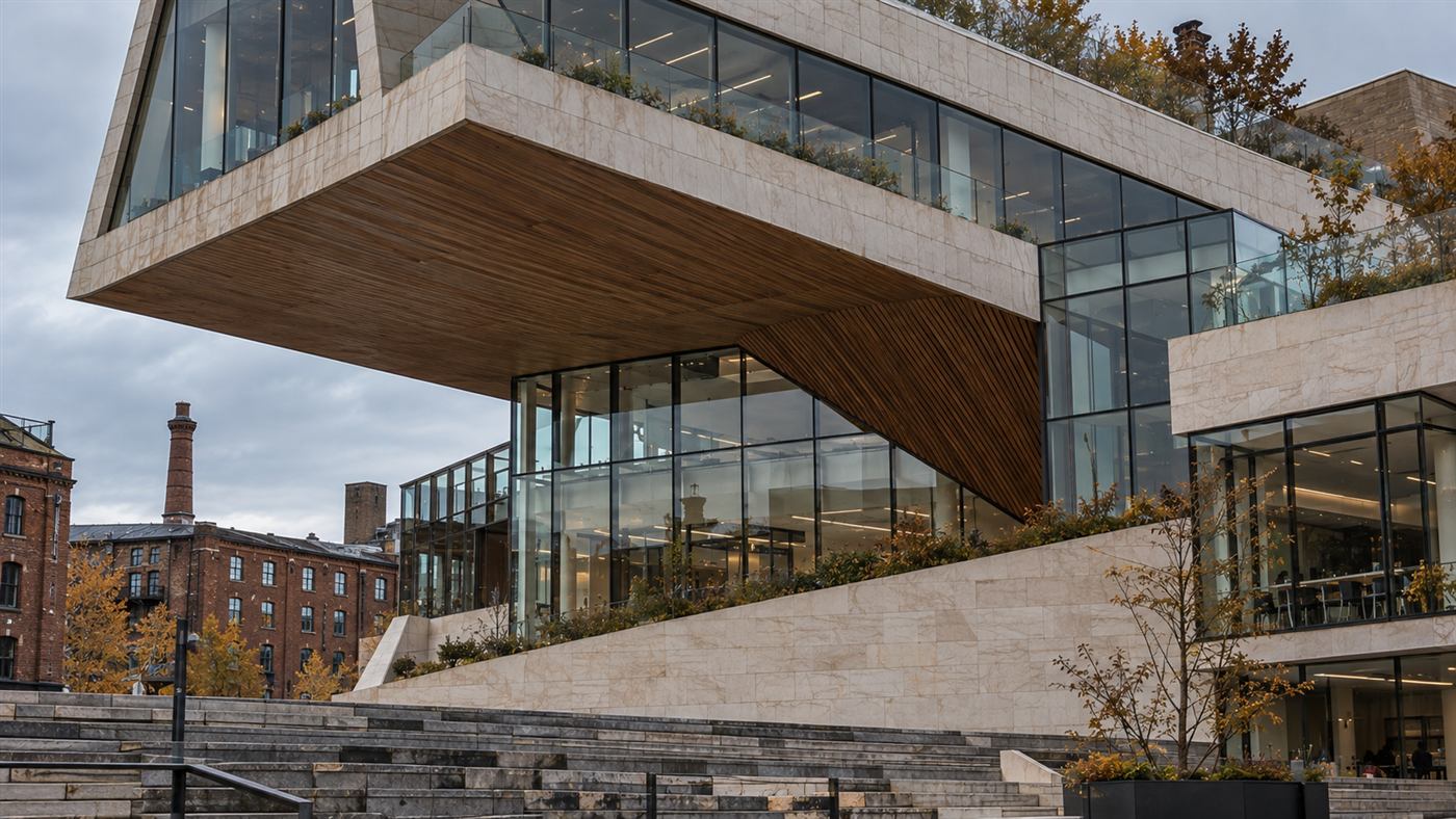 The Common Ground: the cantilever over the entrance and the stepped terraces