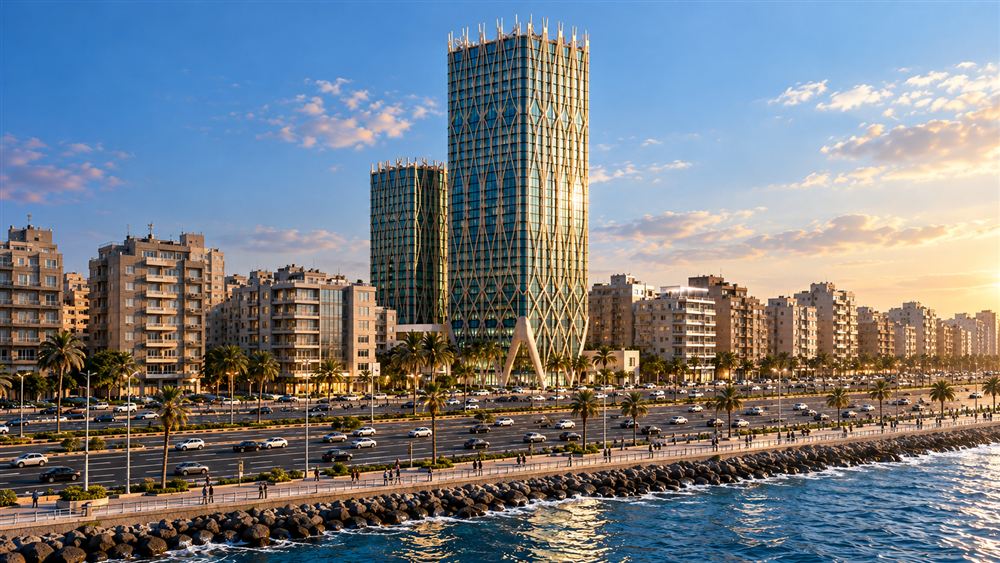 The Jewel of Cleopatra: twin lattice-wrapped towers on the Alexandria seafront